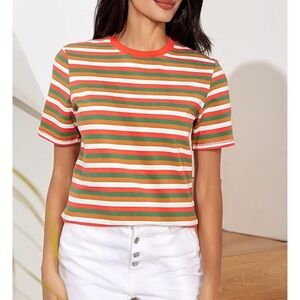 VEIISAR Orange & Green Colorful Striped Crew Neck Tee